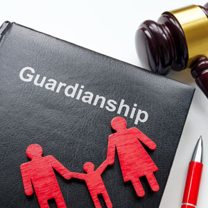 A family standing together with a gavel, symbolizing the concept of guardianship.- Legal Advantage Group